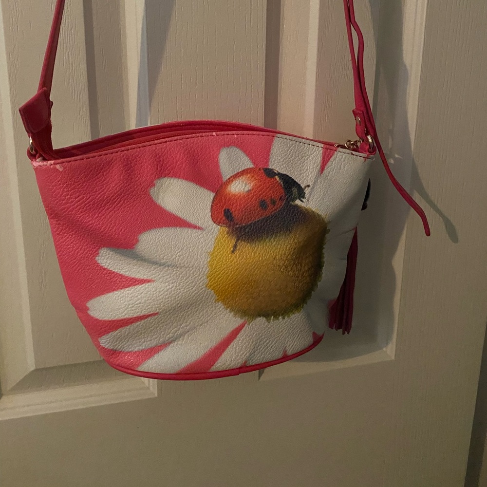Pink Floral Crossbody Bag with Ladybug Design